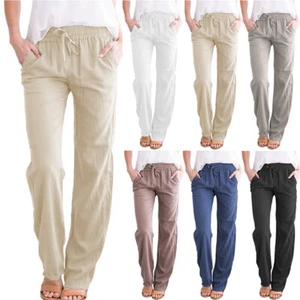 Pantaloni donna vita elastica dritta cordino cotone lino casual pantaloni larghi □ - Foto 1 di 23
