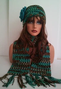 TURQUOISE BROWN MULTI HAND CROCHET FLOWER HAT AND SCARF SET BEANIE SKULL SKI - Picture 1 of 6