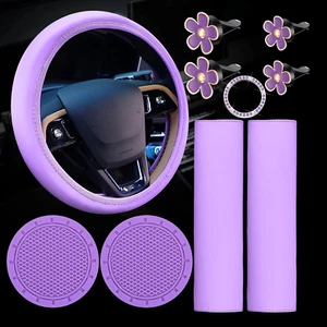 10 Pcs Leather Steering Wheel Cover Set for Women 14.5-15 Inch Car Accessories w - Picture 1 of 7