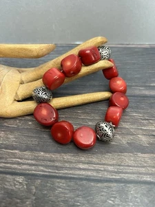 Vintage Chunky Red ‘Bamboo’ Coral Stretch Bracelet, Silver Metal Filigree Beads - Picture 1 of 3