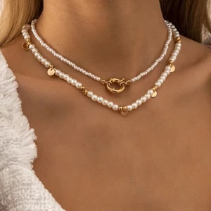 Damen Halskette doppellagig mit synthetischen Perlen und goldenen Details - Bild 1 von 4