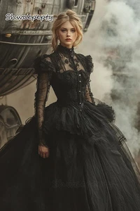 Vintage Black Wedding Dresses Long Sleeves Gothic Bridal Gown Lace Appliques - Imagen 1 de 6