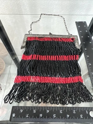 BIG 1920s Vintage Art Deco Black/Red Beaded Fringe Evening Purse/Bag Flapper Era - Image 1 of 4
