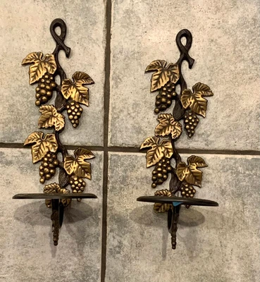 Vintage Solid Brass Wall Sconces with Leaves and Grapes Set of 2 - Image 1 of 4