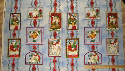 Snow Flurries Snowman Ribbon Tags Labels Christmas Fabric  23" Panel x 42" wide - Image 1 of 3