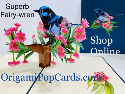 Origami PopCards.com Fairy Wren Blue Wren Bird 3D Pop Up Tarjeta de Felicitación San Valentín Foto 1 de 4