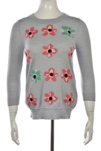 J Crew Sweater Size S Gray Pink Crew Neck Wool Floral 3/4 Sleeve Top Shirt - Picture 1 of 5