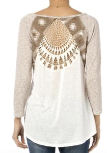 NWT Miss Me Women's Crochet Back Embroidered Raglan Top MDT1336L TAUPE SZ S M L - Picture 1 of 13