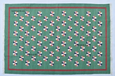 4x6 ft Green Cotton Handmade Flower Design Rug- Flat weave and Hand woven Kilim - Image 1 of 4