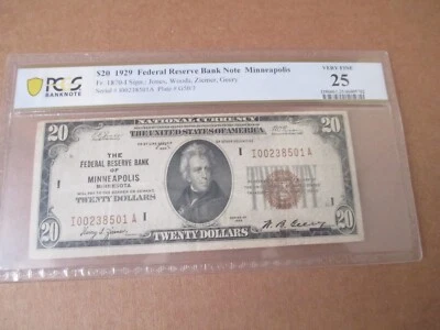 1929 $20 Federal Reserve Bank Of Minneapolis Note PCGS Very Fine 25 - Image 1 of 3