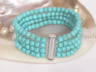 4 Rows Natural 6mm Blue Turquoise Round Gemstone Beads Bangle Bracelet 7.5" - Image 1 of 4
