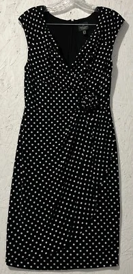 Adrianna Papell, Black White Polka Dot Faux Wrap Dress With Flower Accent Size 6 - Image 1 of 4