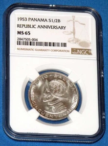 1953 Panama Silver Cincuentenario 1/2 Balboa - NGC MS 65 Certification - BU Gem - Picture 1 of 7