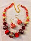Beautiful Fancy Handmade Red & Gold Crystal Beaded  Necklace and Earring Set 