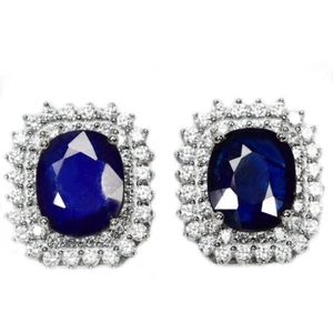 925 STERLING SILVER NATURAL BLUE SAPPHIRE OVAL GEMSTONE & WHITE CZ EARRING - Picture 1 of 6