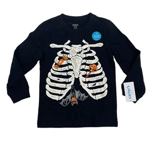 Carter's Kid Size 4 Top Halloween Skeleton Bones Glows in Dark Black T-Shirt NWT - Picture 1 of 7