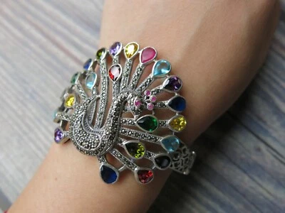 Multi-Color Gemstones Peacock Bangle Bracelet - 925 Silver with Marcasite Stones - Image 1 of 4