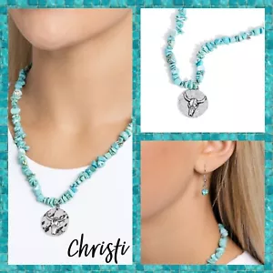 Paparazzi Jewelry ~ Longhorn Leader Blue Necklace & Earrings ~ NEW!! - Picture 1 of 8