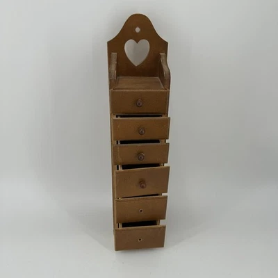 Vintage Wooden Mini 6-Drawer Wall Shelf with Heart Cutout Rustic Storage MCM - Image 1 of 4