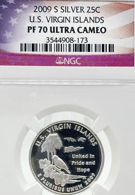 2009-S 25c Silver U.S. Virgin Islands NGC PF70 Ultra Cameo  3544908-173  #14117 - Image 1 of 4