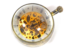Swiss Skeletonized Desk Clock Glass Magnifying Lens Dome Paper Weight Clock - Picture 1 of 10