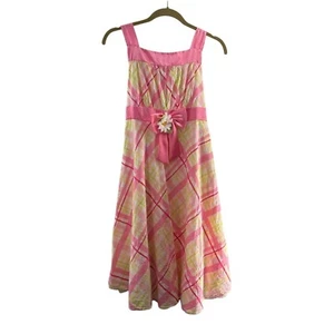 Girls Emily West Pink Yellow Plaid Sundress Floral Bow Size 16 Easter Read c - Picture 1 of 12