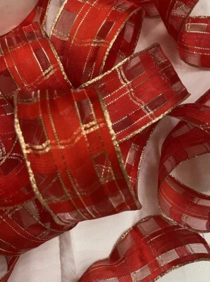 Vintage Red Gold Organza Ribbon Made In Switzerland Approx 3” x 50” - Image 1 of 4