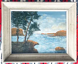 1954 Vintage Mid-Century Glastetter Painting Sailboat Coast Trees Blue Ocean MCM - Picture 1 of 7