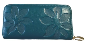 Women's Green/Gold Faux Leather Clutch Wallet Credit Card Holder Inlaid Floral - Picture 1 of 5