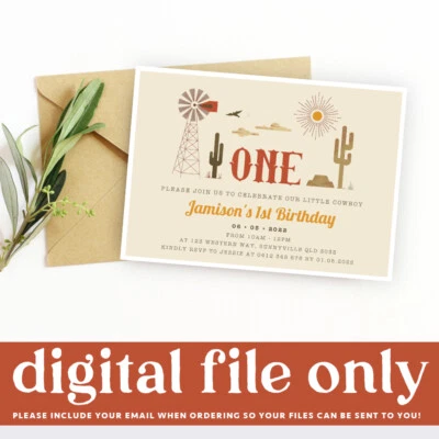 Invitación de fiesta de cumpleaños para niño imprimible, archivo digital tema vaquero occidental Foto 1 de 3