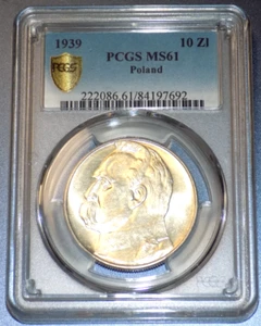Moneda polaca 1939 Polonia Józef Piłsudski 10 zlotych graduación profesional MS61 era de la Segunda Guerra Mundial UNC - Imagen 1 de 5