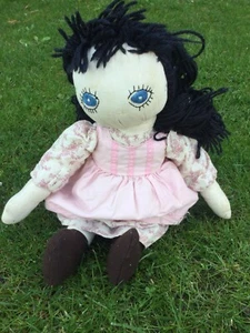 VINTAGE HANDMADE RAG DOLL 1970s CHINTZ DRESS PINNY WOOL HAIR UNIQUE RETRO TOY - Picture 1 of 12