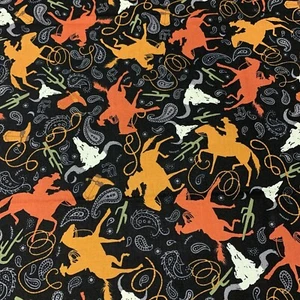 Cowboy Western Roping Fabric Remnant By Hancock Fabrics Horses Boots Rust Black - Picture 1 of 15