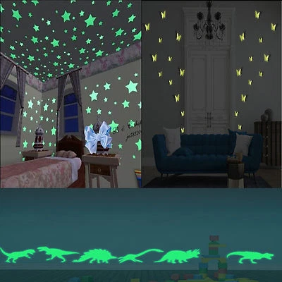 100 GLOW IN DARK STARS MOON BUTTERFLIES DINOSAURS PACK FOR WALLS CEILINGS - Image 1 of 2