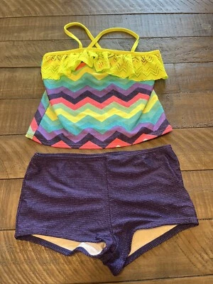 Traje de baño para niñas 2 piezas conjunto tankini azul oscuro pantalones cortos NEÓN CHEVRON volantes 6/6x Foto 1 de 2