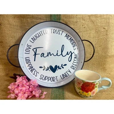 Round metal tray with custom cut vinyl letters, use on a coffee/cocoa bar. - Image 1 of 4