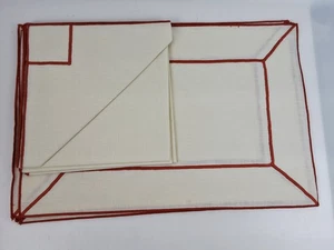 Cream Dark Orange Embroidery Edge 4 Linen Placemats 4 Matching Napkins  19"x12" - Picture 1 of 4