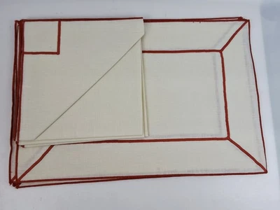 Cream Dark Orange Embroidery Edge 4 Linen Placemats 4 Matching Napkins  19"x12" - Image 1 of 4