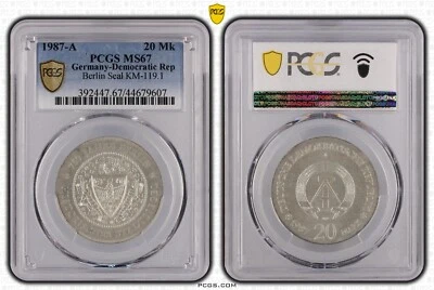 1987-A DDR East Germany 20 Mark Silver Coin Berlin Mint City Seal PCGS MS-67 - Image 1 of 4