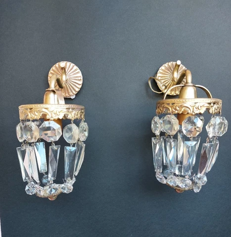 Vintage Antique Pair of French Empire Brass Crystal 1 Light Sconces Wall Lights Cover