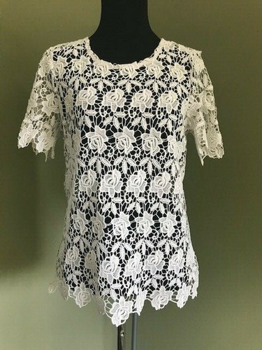 OFF WHITE TOP DONNA HAUTE MONDE BIANCO SPORCO TRASPARENTE PIZZO MANICA CORTA TG M