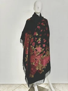 Loro Piana 100% Double Faced Cashmere Shawl Black W Floral 59” x 60” NWOT - Picture 1 of 10