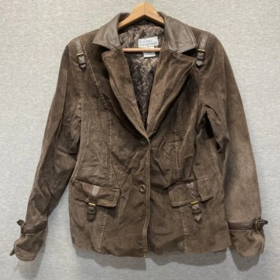 Chaqueta de motociclista Bradley Bayou para mujer de cuero marrón manga larga botones talla mediana Foto 1 de 4