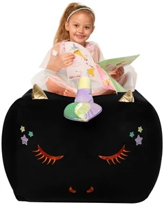 Black Unicorn Bean Bag Chairs, Stuffed Animal Storage Ideas for Girls Room De... - Picture 1 of 6
