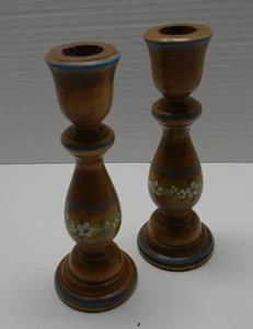 Juego de candelabros florales de madera pintados a mano vintage azul - Imagen 1 de 6