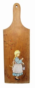 Vintage Wood Hanging Cutting Board Hand Painted Young Girl Apples Artwork Paddle - Picture 1 of 8
