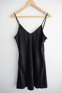 Ginia Silk Slip Dress Womens 14 Black Satin V neck Micro Mini Bias Cut Slinky - Picture 1 of 12