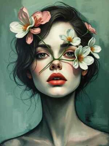 XL Leinwandbilder Weibliche Frauen Tiefes Grün Blumen Flora 04 Modern Porträts - Picture 1 of 2