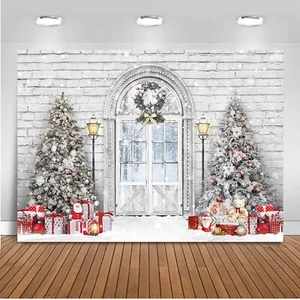 7x5ft Winter Photography Backdrop Glitter White Christmas Brick Wall Snowy Pine - Picture 1 of 6