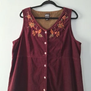 Erika Corduroy Button Up Maxi Dress Womans 1X Brownish Red Embroidery Granola - Picture 1 of 5